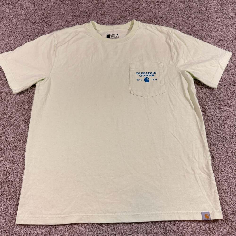 Carhartt Relaxed Fit Pocket T Shirt Large Durable Goods Graphic Cream Yellow